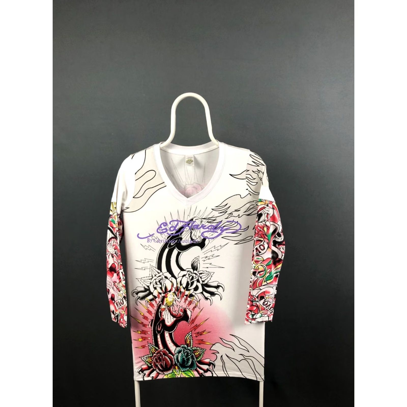 Ed Hardy Ed Hardy Women's T-Shirt Size L White 100% Cotton Long Sleeve V-Neck Rhinestone Signature Logo Rose Casual Shirt Womens Size L / US 10 / IT 46 - 2 Thumbnail