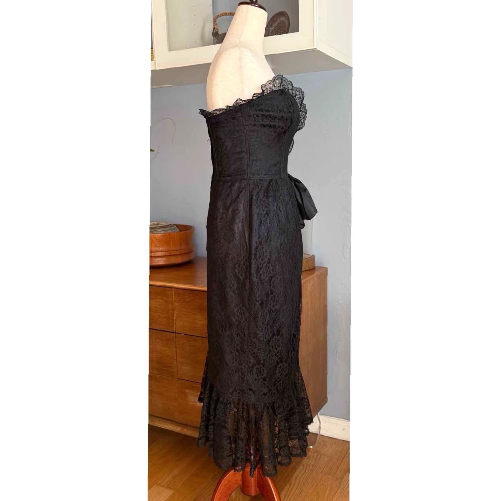 Jessica McClintock Vtg 80’s Gunne Sax Strapless Black Lace Prom Dress Bow Ruffles XS Goth Whimsy Size XS / US 0-2 / IT 36-38 - 5 Thumbnail