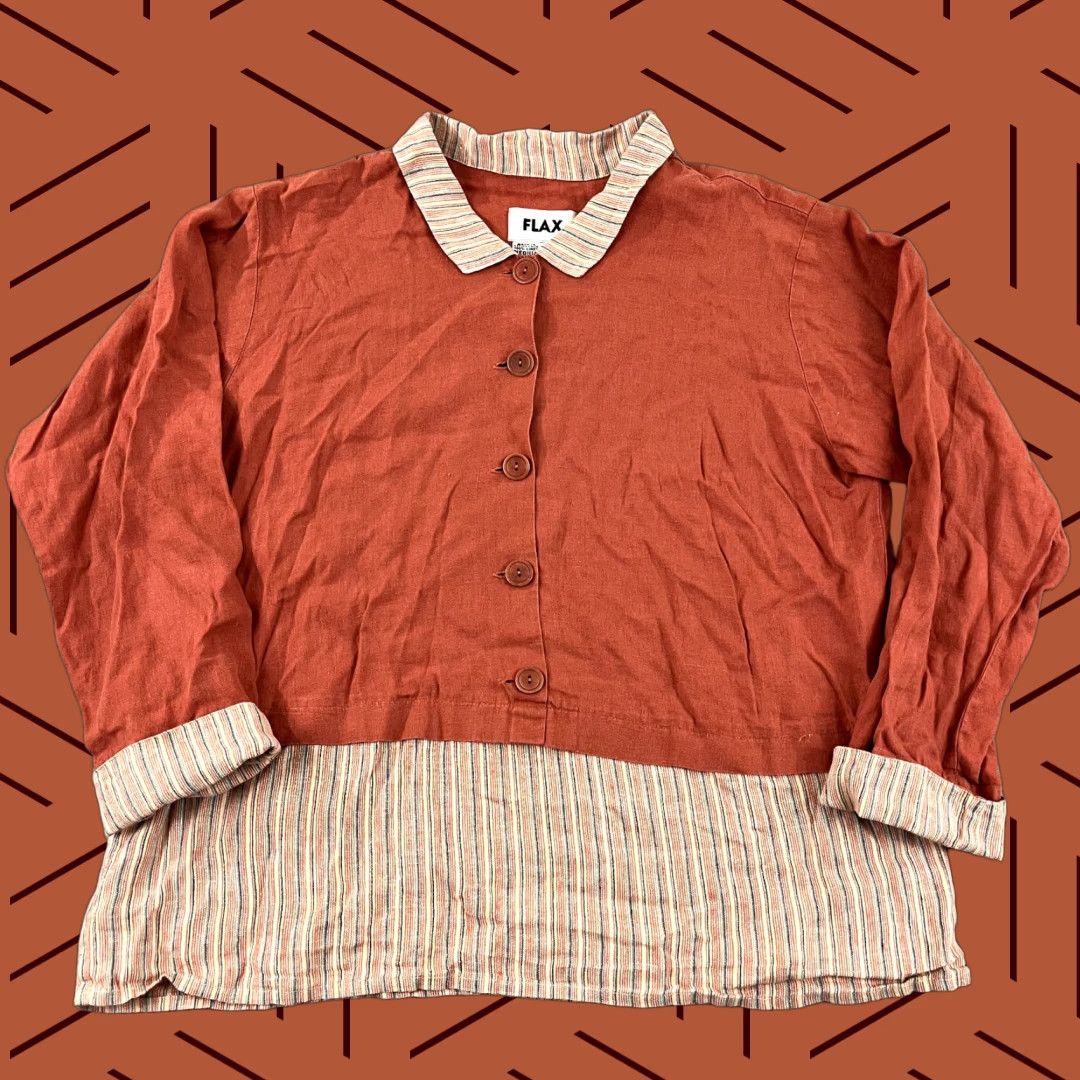 FLAX FLAX Shirt Womens Medium Orange Striped 100% Linen Tunic Top Lagenlook Button Up Size M / US 6-8 / IT 42-44 - 1 Thumbnail