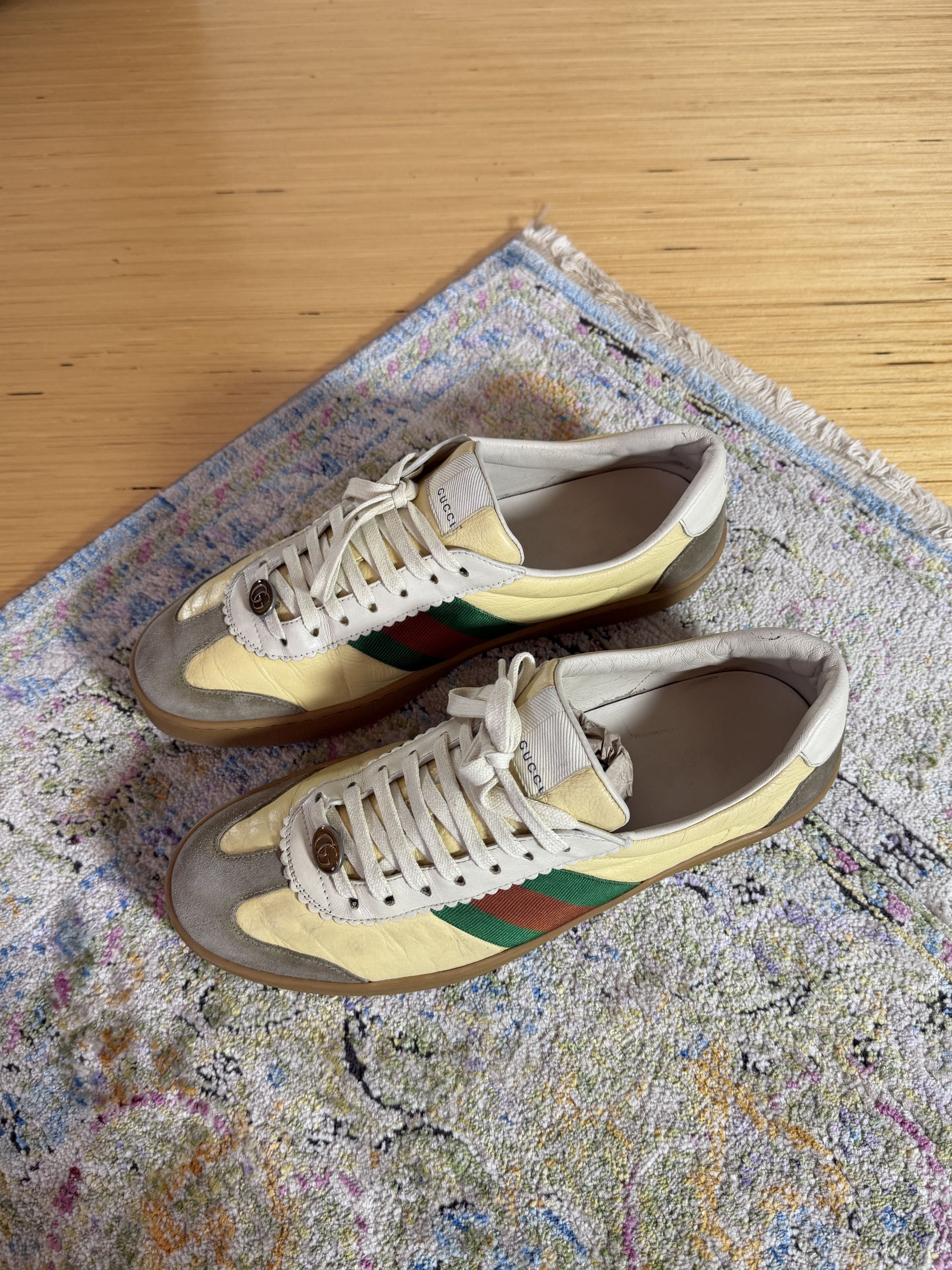 Gucci GUCCI G74 Yellow Leather Web Low Oatmeal Sneakers Size US 10.5 / EU 43-44 - 3 Thumbnail