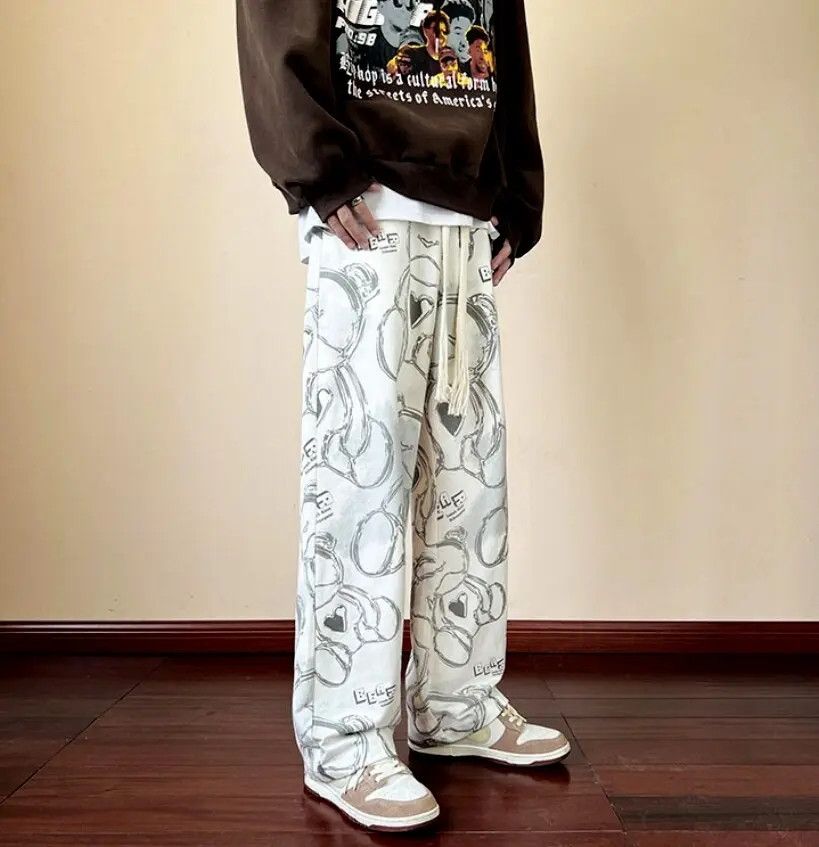 image of Vintage Punkrock Abstract Bear Print Drawstring Wide Leg Pants in Cream Grey, Men's (Size 31)