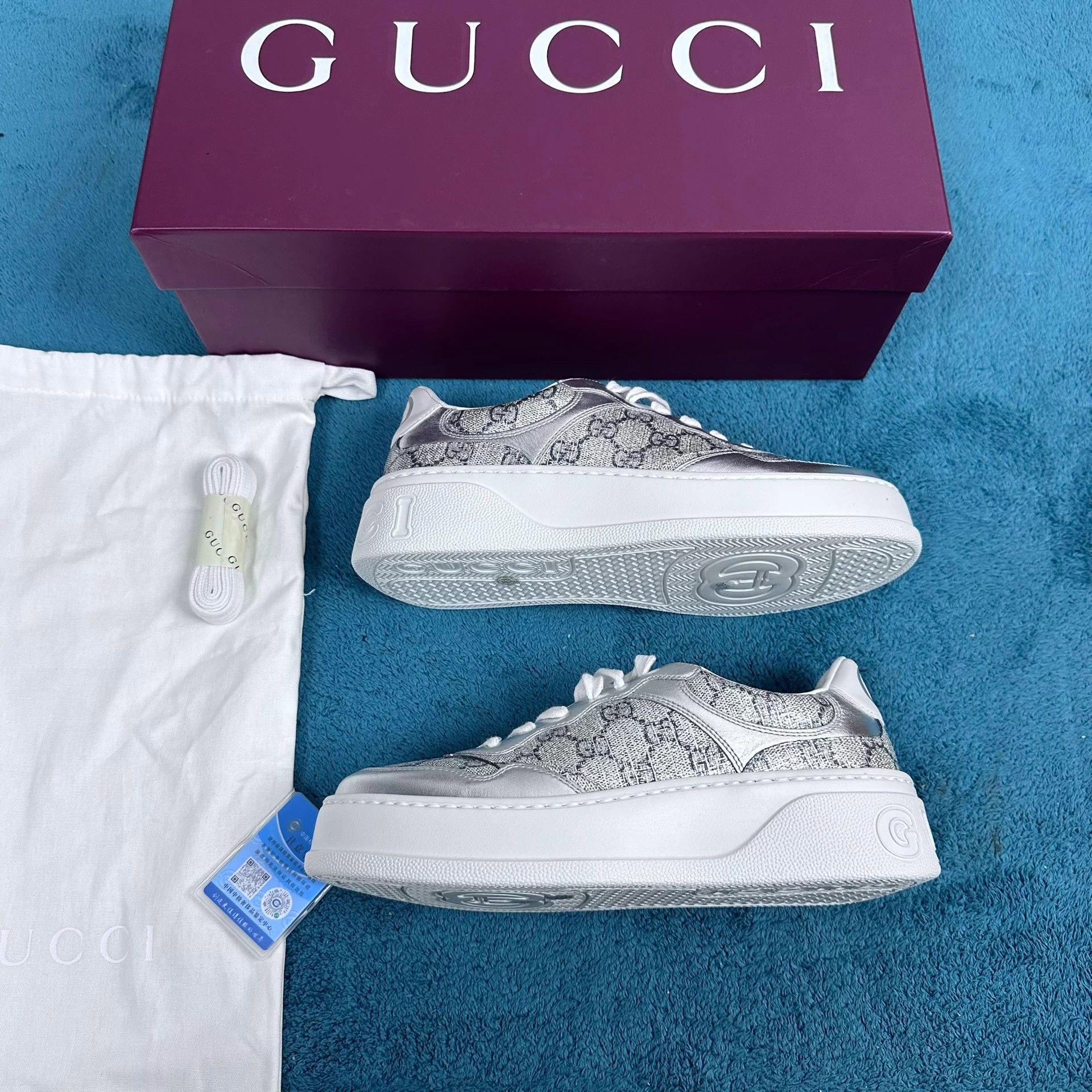 Gucci Gucci GG Supreme leather platform low-top silver Size US 7.5 / IT 37.5 - 2 Thumbnail