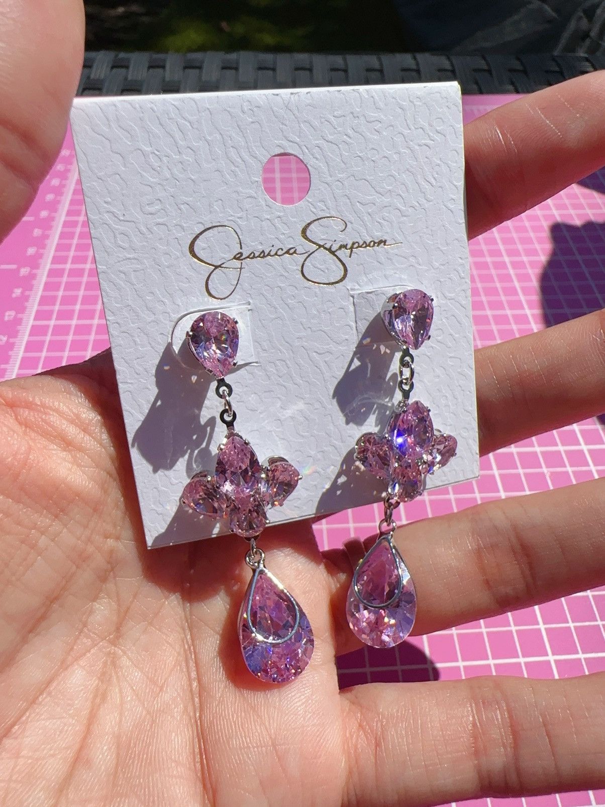 Designer Jessica Simpson silver tone pink crystal flower teardrop Size ONE SIZE - 3 Thumbnail