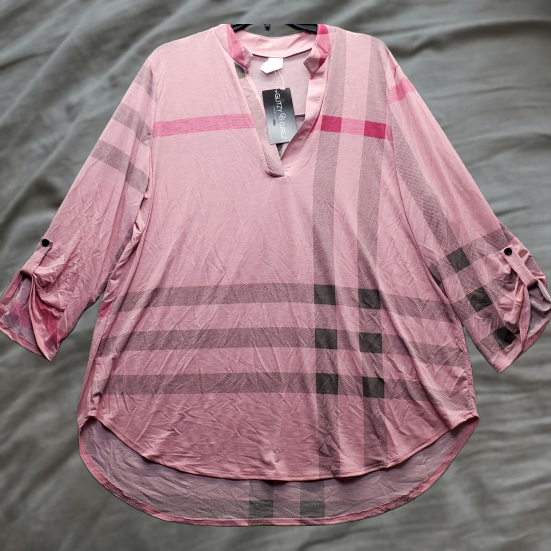 Vintage Glitzy Girlz Tunic Top Womens 3XL Multi Plaid Stretch Roll Tab Sleeve Split Neck Size XXL / US 16-18 / IT 52-54 - 1 Thumbnail