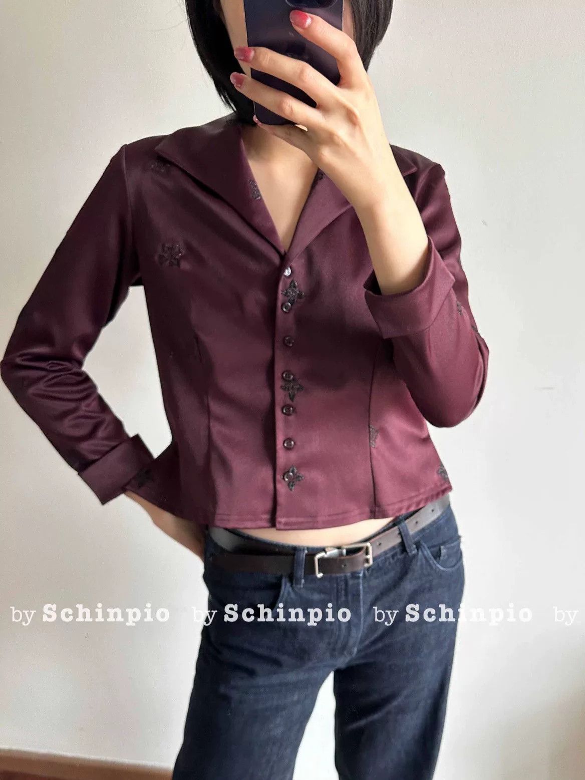Saint Laurent Paris Yves Saint Laurent Burgundy Embroidered Shirt Jacket Size S / US 4 / IT 40 - 1 Thumbnail