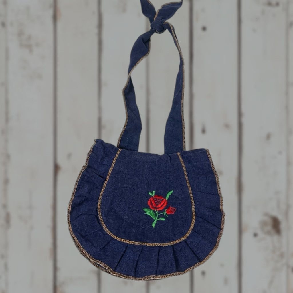 Vintage Unbranded Denim Crossbody Purse Bag Medium Blue Floral Embroidered 90's Bohemian Womens in White