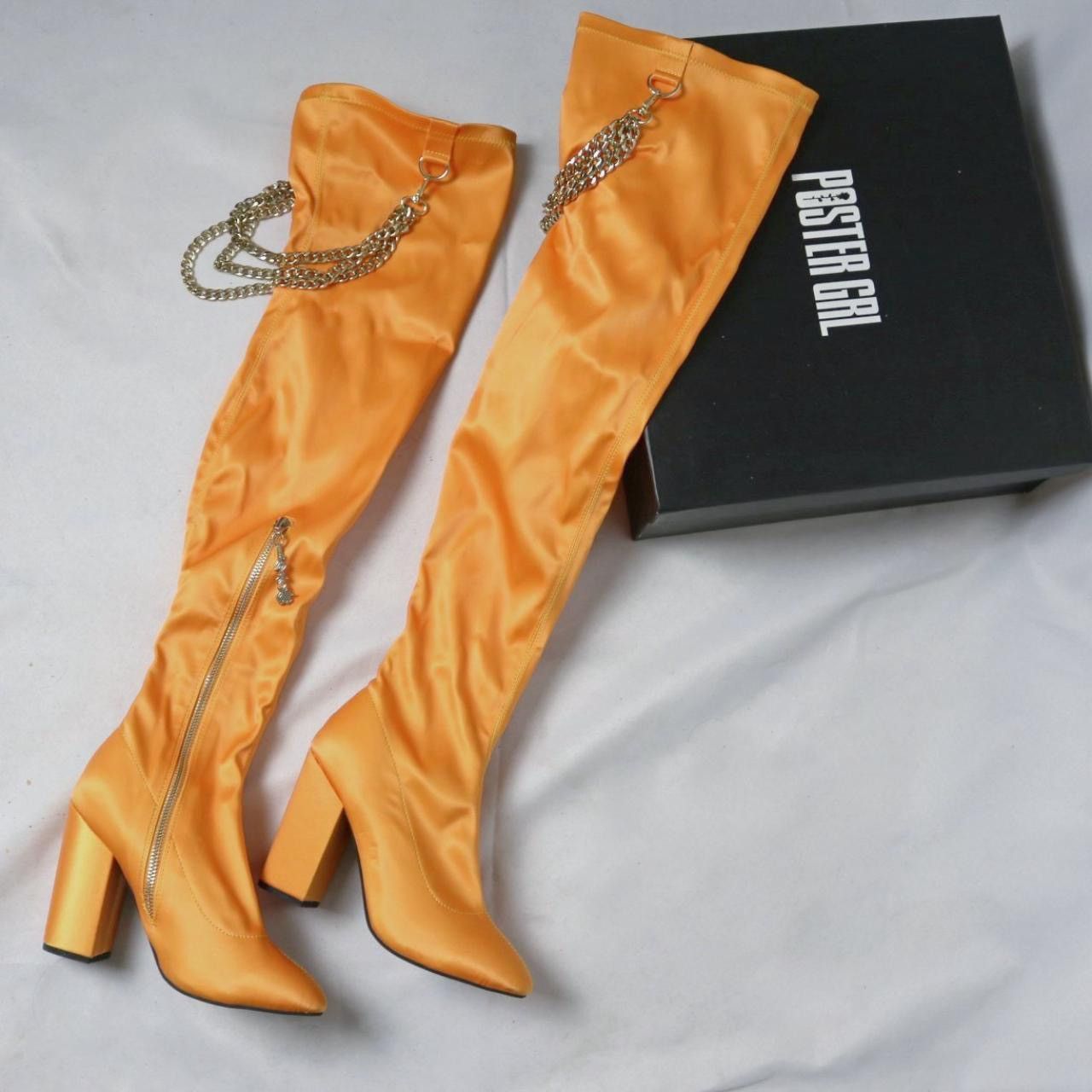 Poster Girl Poster Girl Orange Satin Gold Chain Over the Knee Sock Boots Size US 7 / IT 37 - 1 Thumbnail