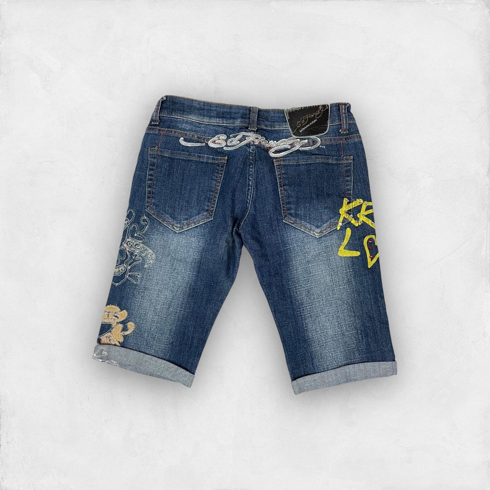 Ed Hardy Women's Blue Cotton Beaded Mid-Rise Denim Shorts 28