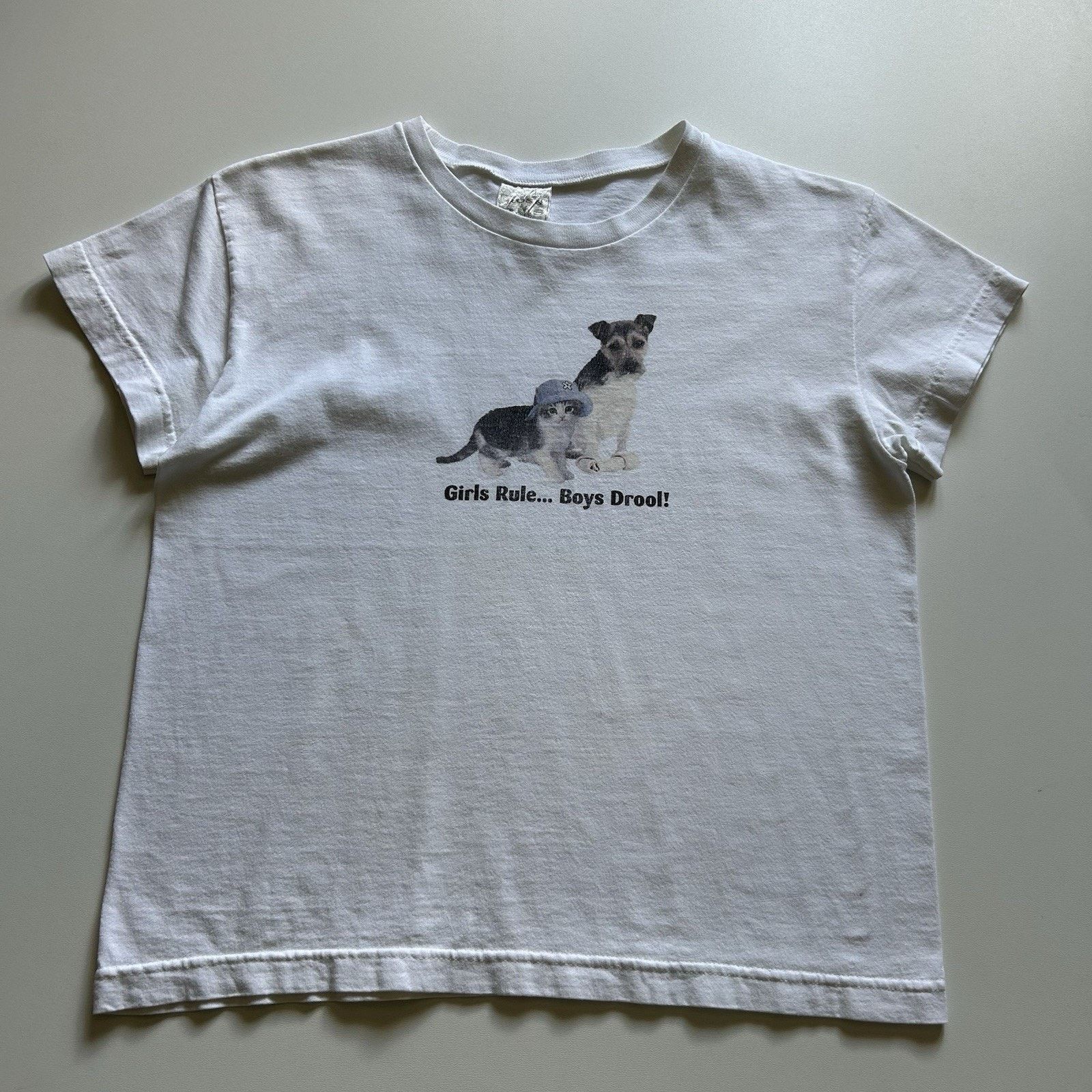 Vintage 90s Girls Rule Boys Drool T-Shirt XS Cat Dog Funny