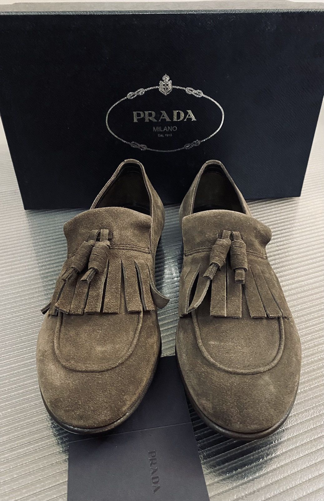 Prada Prada 🇮🇹 Grafite Suede Tasseled Kilt Slip On Loafer 8 NEW Size US 8 / EU 41 - 4 Thumbnail