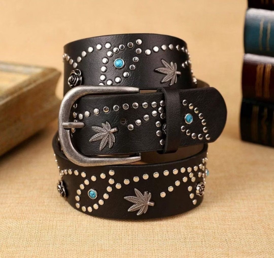 Japanese Brand Floral art rived Japanese element black colour belt Size ONE SIZE - 1 Thumbnail