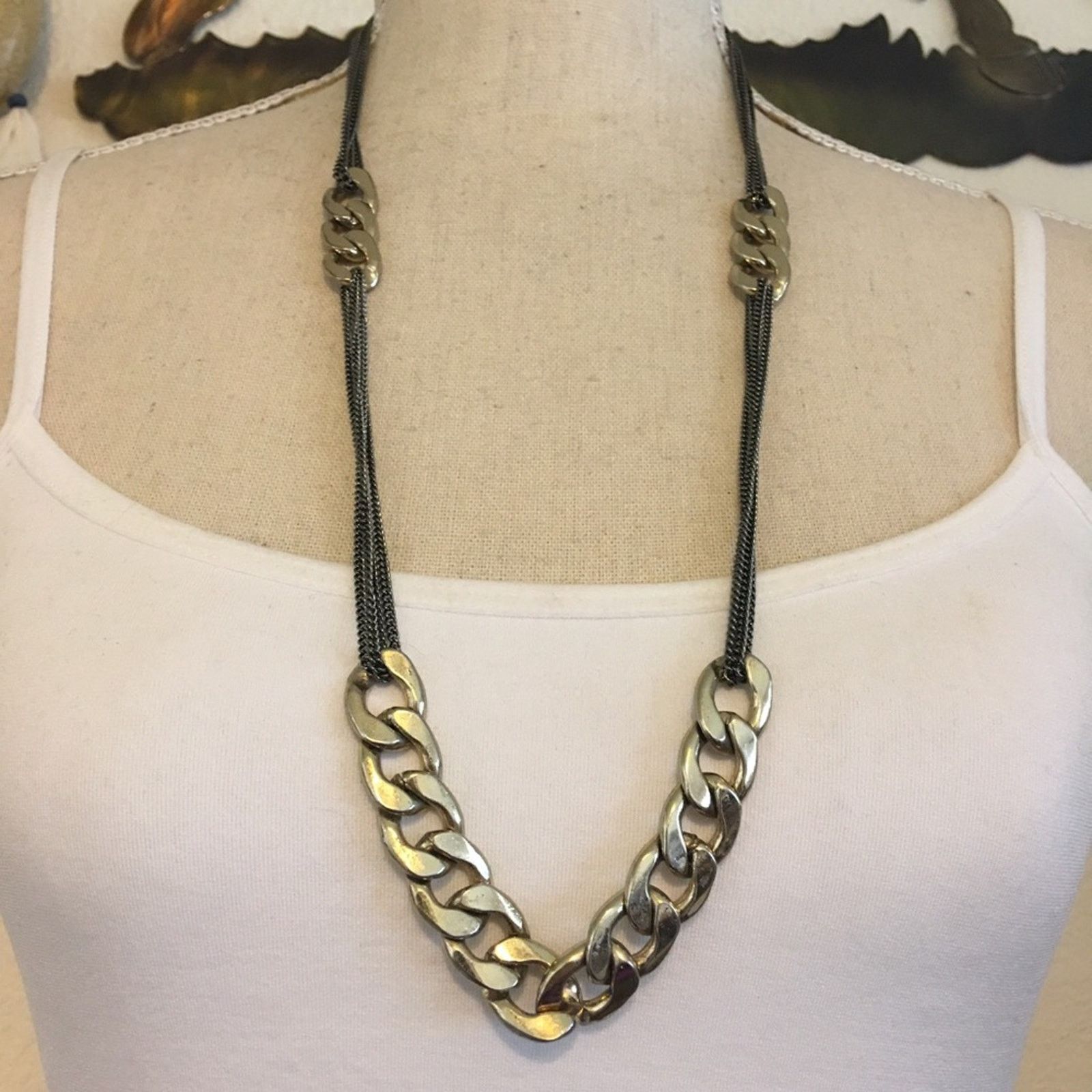 Jewelry Multi strand black chrome gold link long necklace Size ONE SIZE - 1 Thumbnail