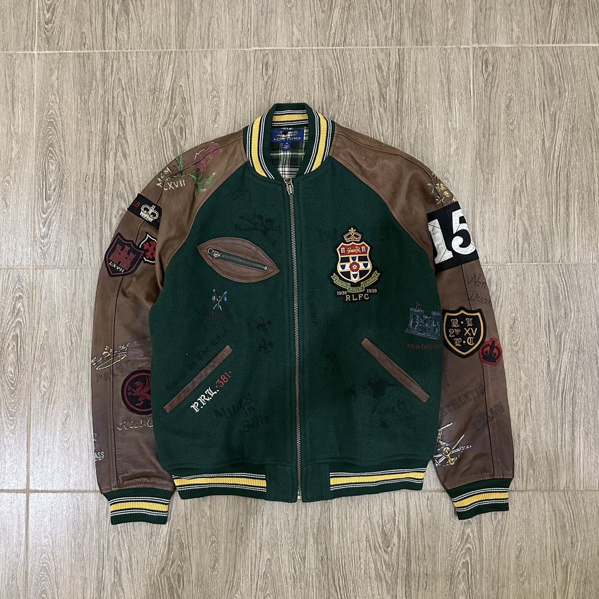image of Polo Ralph Lauren x Ralph Lauren Ralph Laurent - Varsity Letterman Jacket in Green/Brown (Size Medi