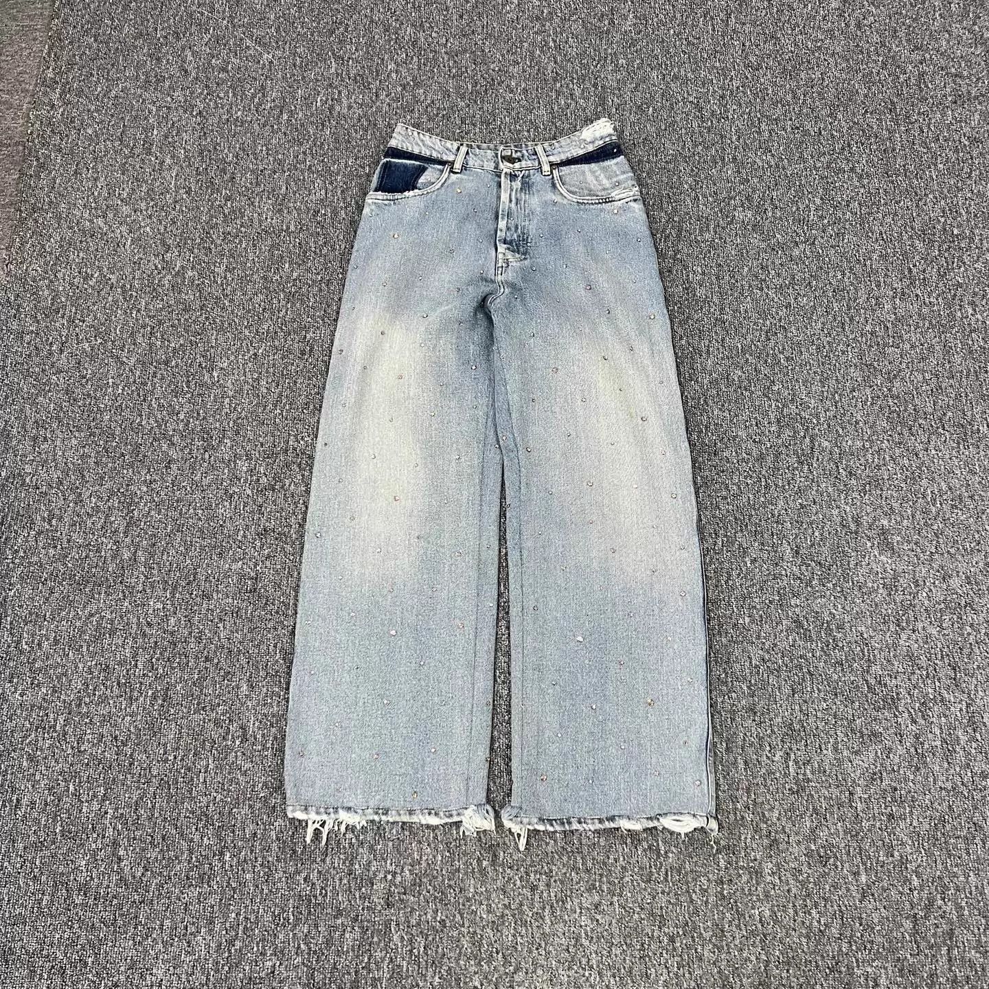 Miu Miu MIUMIU Lt.Blue Crystal Distressed Wide Leg Jean US25 99N Size 25" / US 0 / IT 36 - 1 Thumbnail