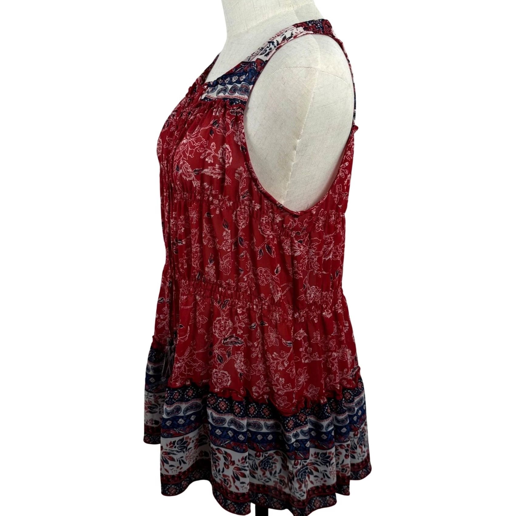 Vintage Knox Rose Womens S Blouse Sleeveless Red Floral Paisley Chiffon V-Neck Lace Up Tassel Boho Peplum Top Size S / US 4 / IT 40 - 2 Thumbnail