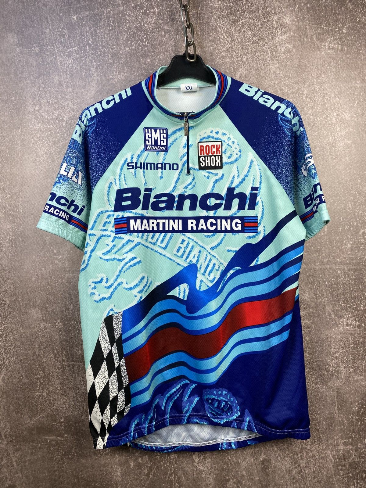 Vintage Mens SMS Santini Bianchi Shimano Cycling Jersey Shirt Zip Size US XXL / EU 58 / 5 - 1 Thumbnail