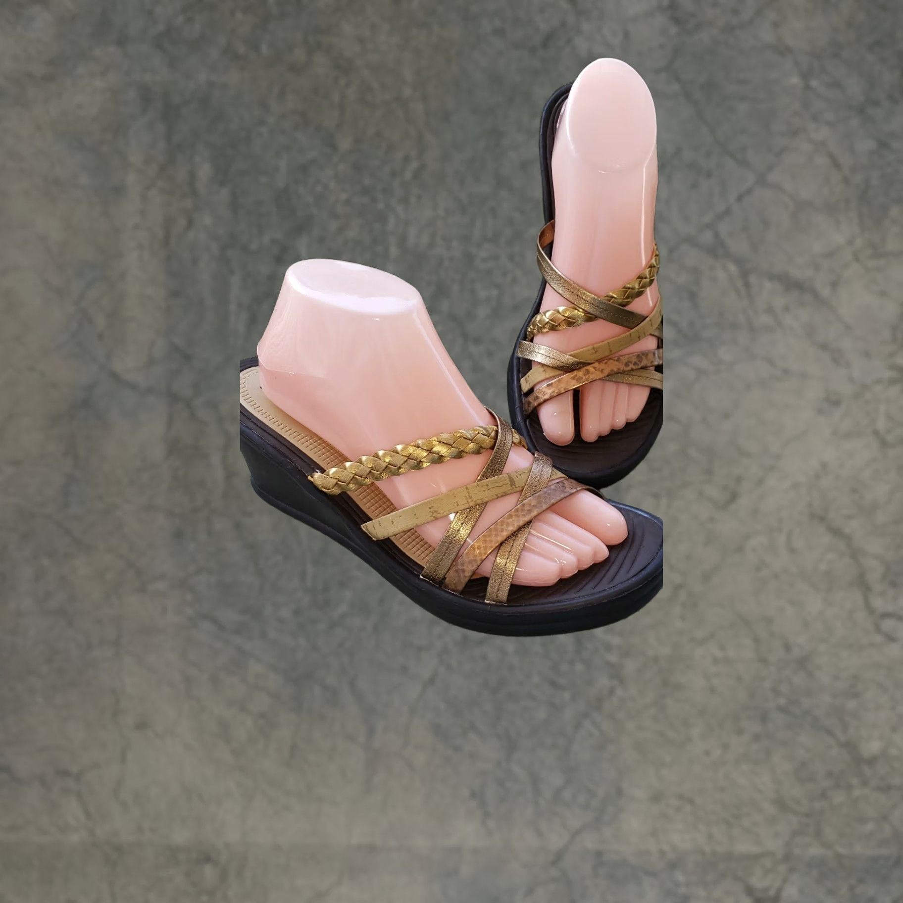 SKECHERS Skechers Women's Wedge Slide Sandal Size 10M Gold Multi-Crossovers 2.25" Wedge Heel Size US 8 / IT 38 - 1 Thumbnail