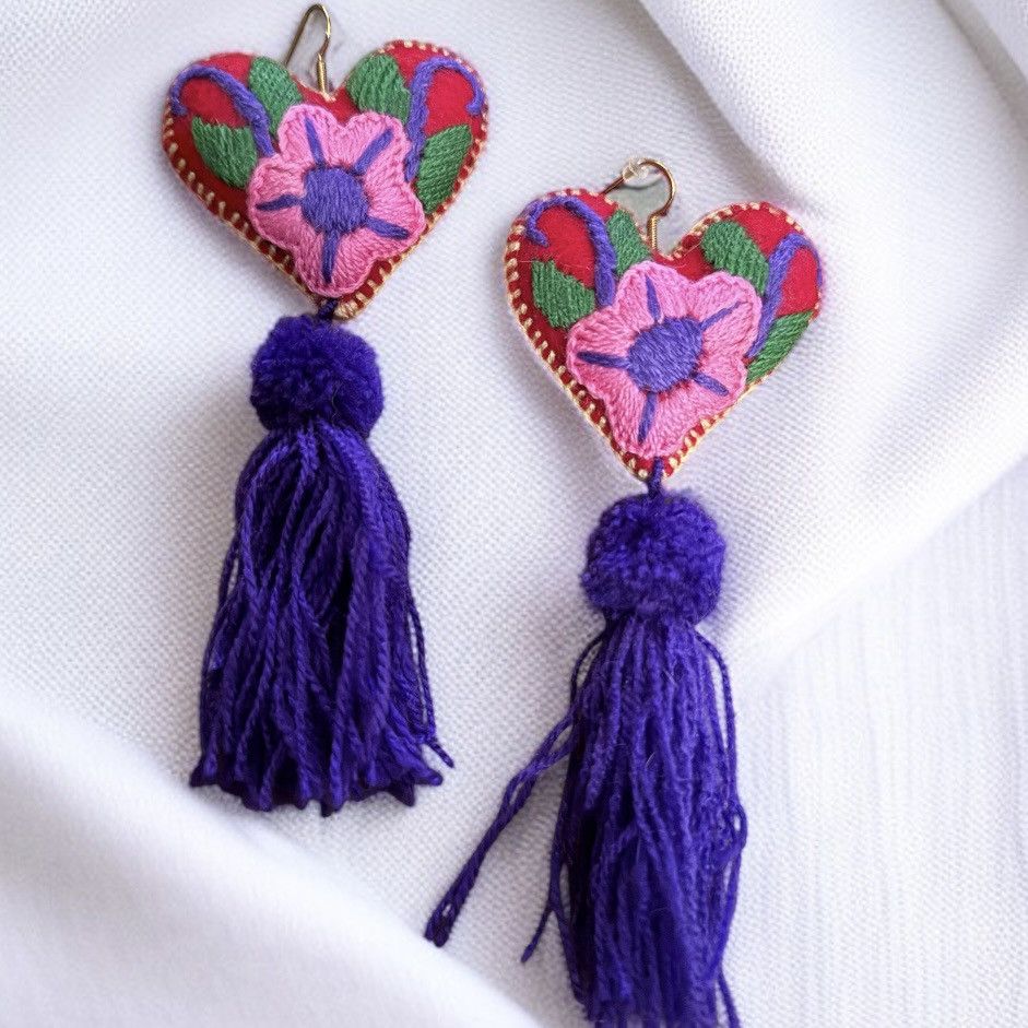 Other Colorful embroidered heart tassel earrings Size ONE SIZE - 1 Thumbnail