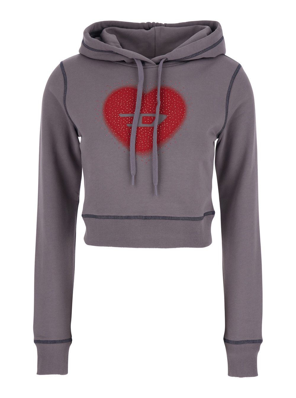 Diesel Gray Crop Hoodie with Drawstring and Rhinestone Heart on the Front in Cotton for Women Size L / US 10 / IT 46 - 1 Thumbnail
