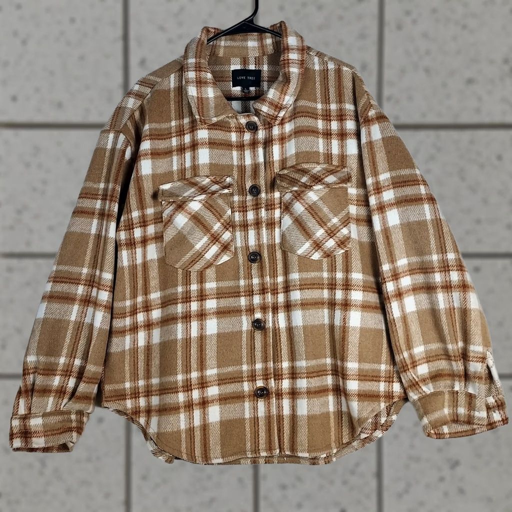 Vintage Love Tree Plaid Shacket Womens Large Tan Brown Button Front Jacket Size L / US 10 / IT 46 - 1 Thumbnail