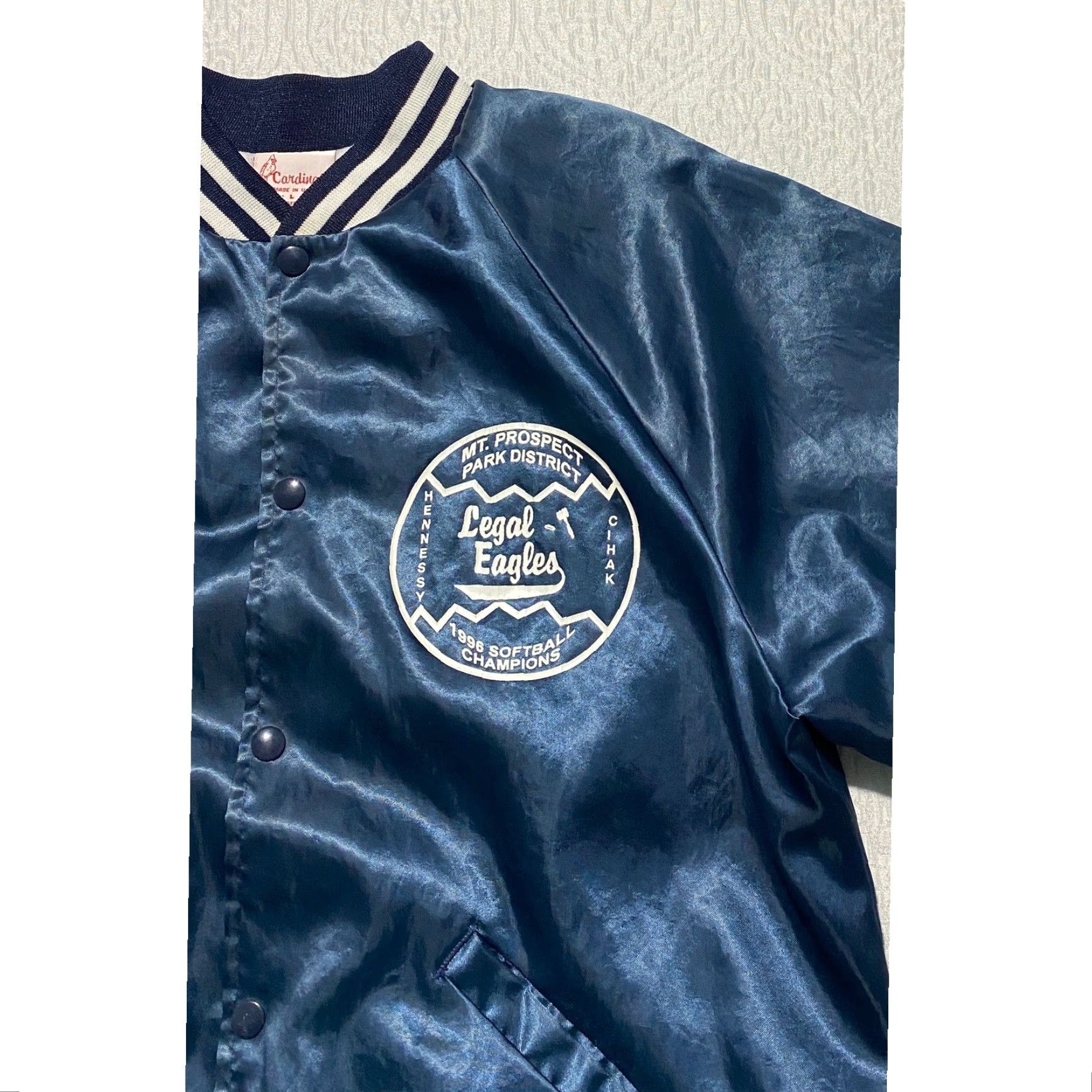 Vintage VINTAGE Cardinal Jacket Main Selling Point: Satin Bomber Navy Blue USA 1996 Softball Baseball Mt Prospect Park District Mens L Size US L / EU 52-54 / 3 - 5 Thumbnail
