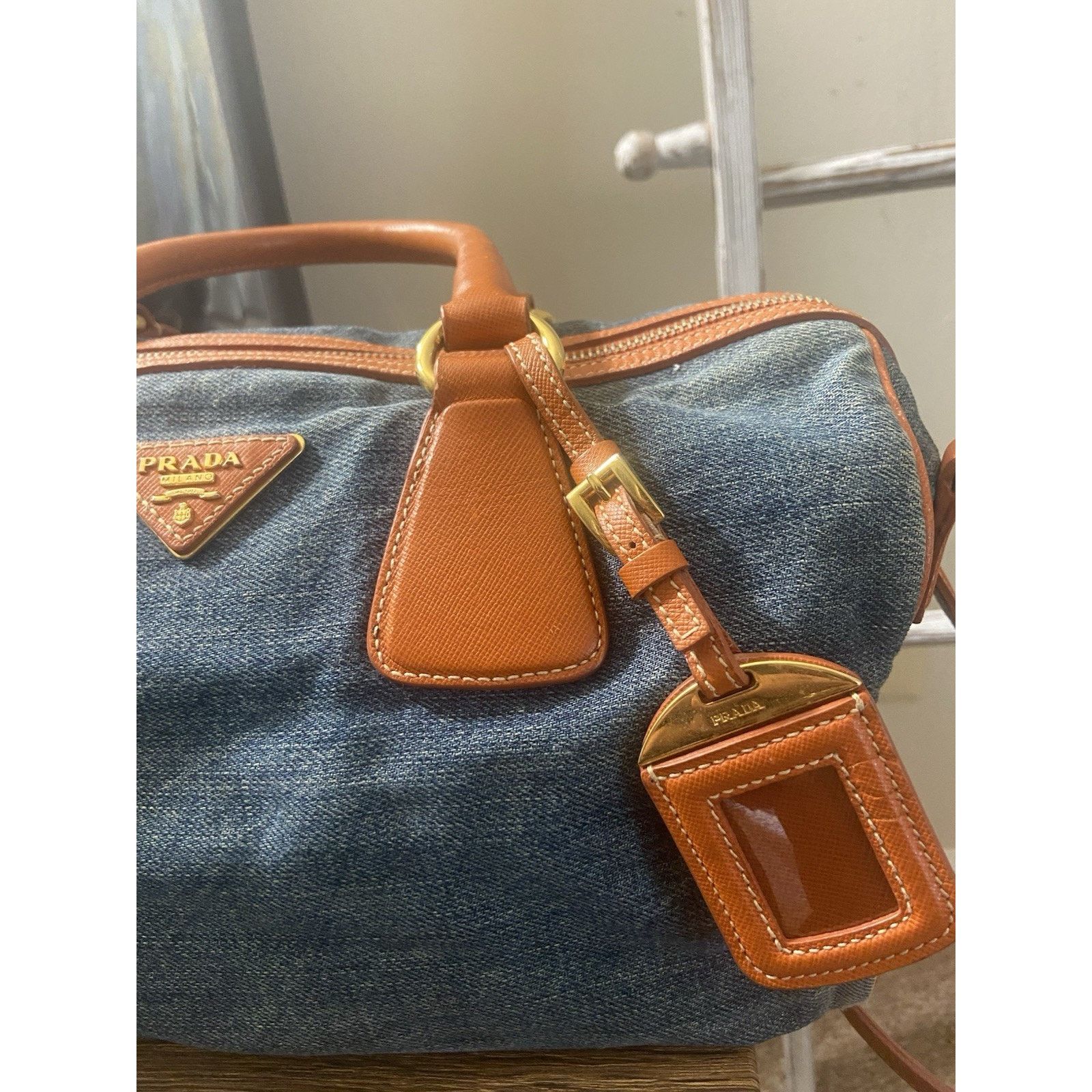 Prada Prada Bauletto blue denim orange saffiano 2way handbag, good Size ONE SIZE - 5 Thumbnail