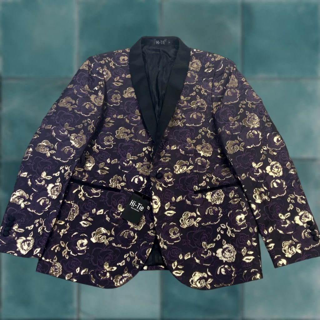 Vintage Hi Tie Blazer Mens Large Purple Gold Rose Formal Suit Stylish NWT Size 42R - 1 Thumbnail