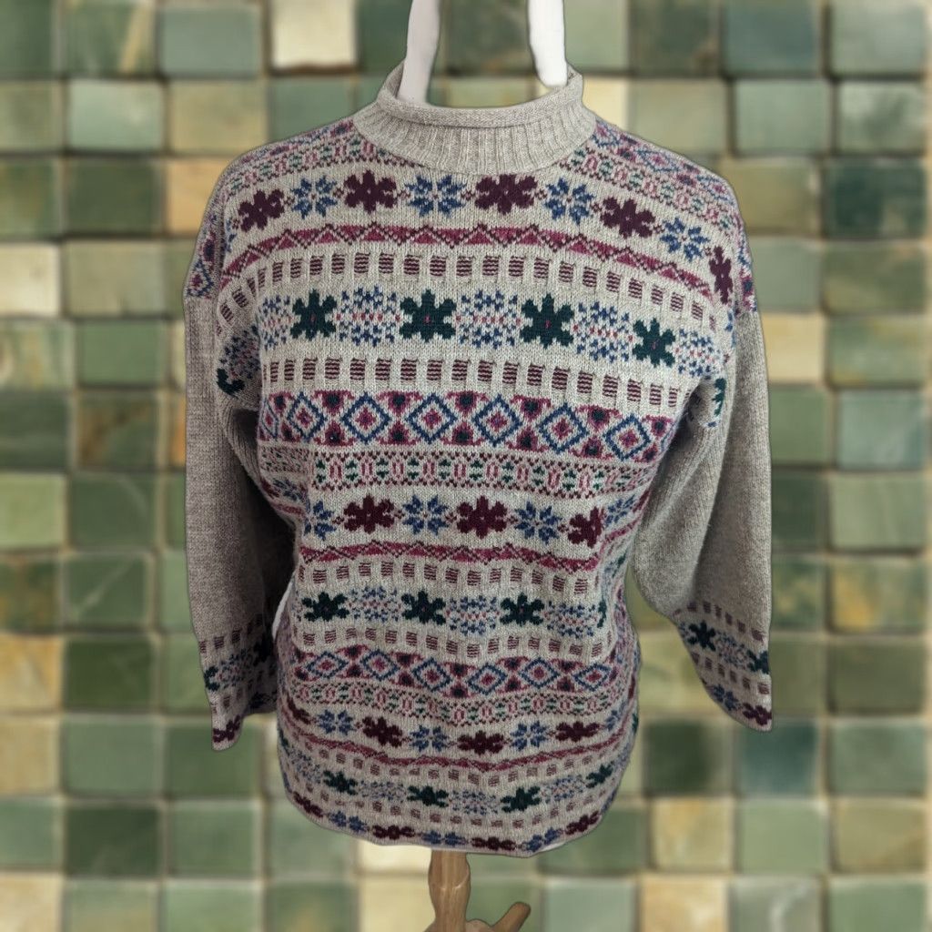 Vintage VINTAGE 90s Mock Neck Fair Isle Relaxed Sweater Beige Floral Cottagecore Grunge S3C Size L / US 10 / IT 46 - 1 Thumbnail