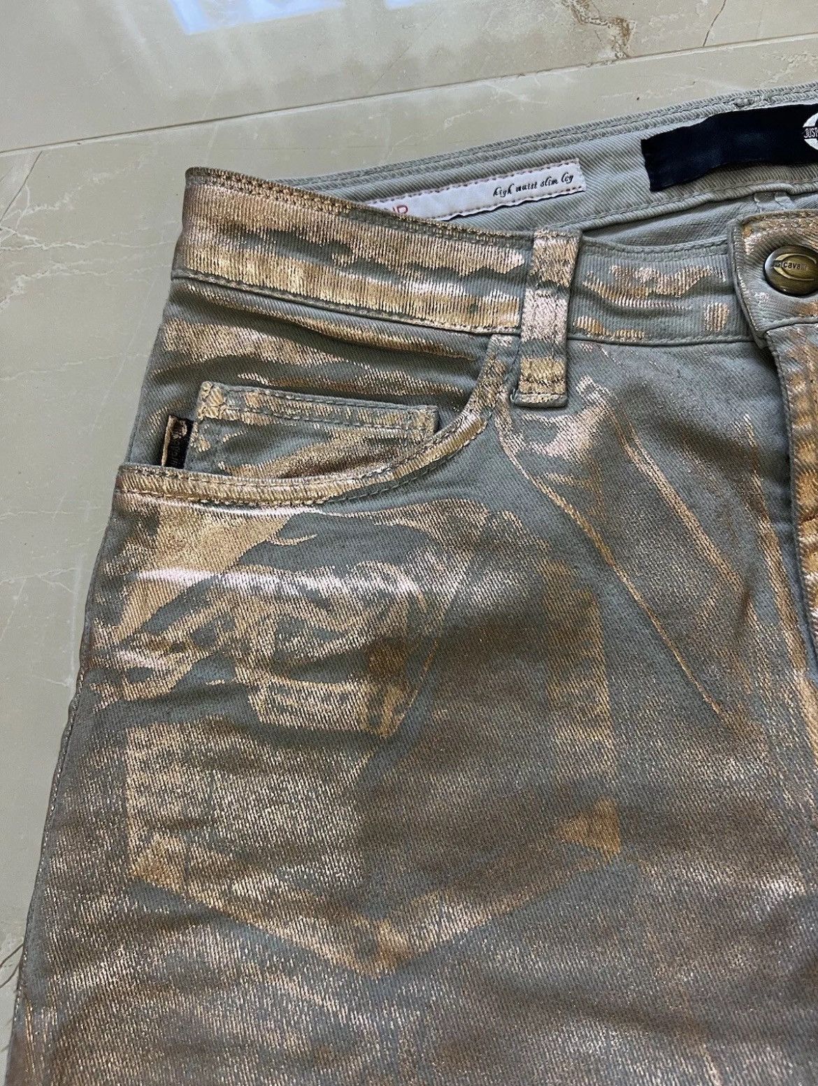Roberto Cavalli × Vintage VTG Just Cavalli Red Diamond High Waist Blue Gold Metallic Size 26" / US 2 / IT 38 - 3 Thumbnail