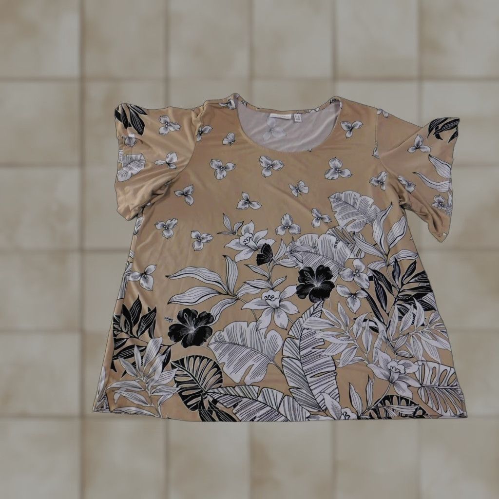 Vintage Susan Graver Blouse Womens 2X Tan Floral Short Sleeve Top Pullover Stretch Size XXL / US 16-18 / IT 52-54 - 1 Thumbnail