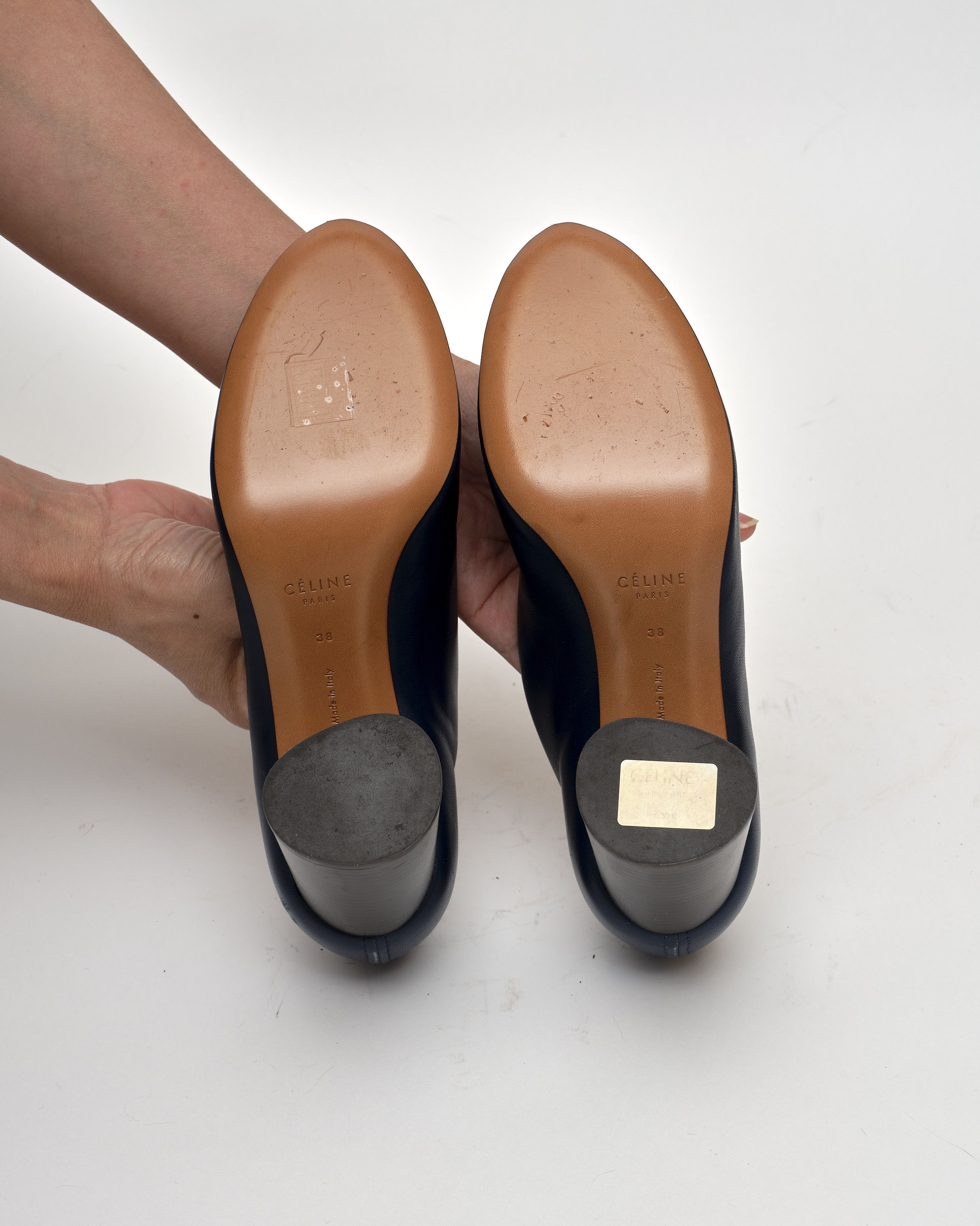 Celine CELINE Navy Blue Leather V Neck Block Heel Pumps Size US 8 / IT 38 - 4 Thumbnail
