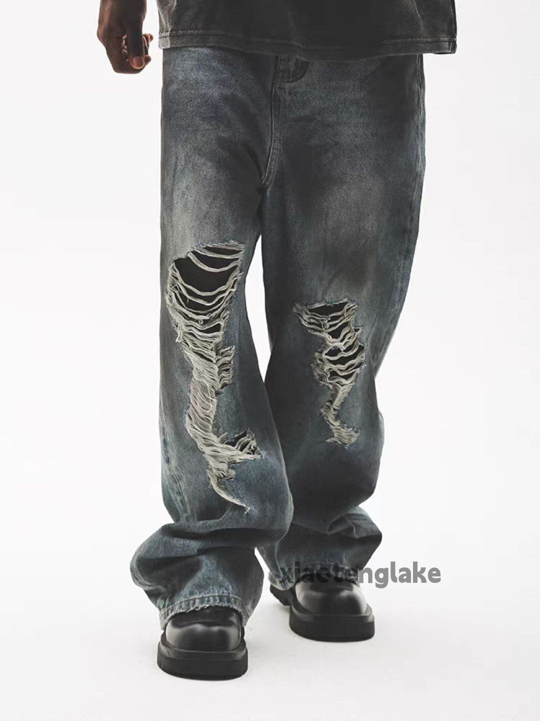 Jean Unisex washed faded loose baggy ripped baggy jeans Size US 34 / EU 50 - 1 Thumbnail