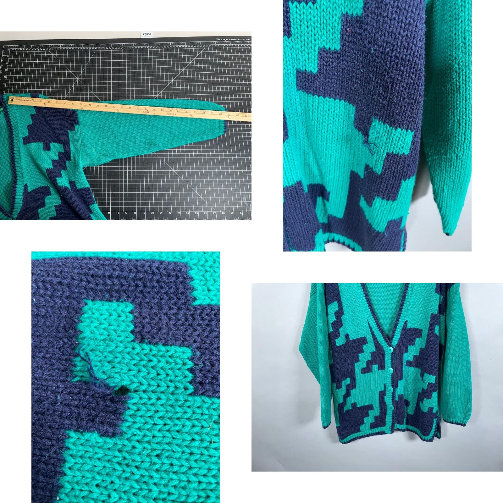 Vintage Vintage 90s Geometric Pattern Cotton Chunky Knit Cardigan Women's Medium Green Blue Hipster Retro Size M / US 6-8 / IT 42-44 - 8 Thumbnail