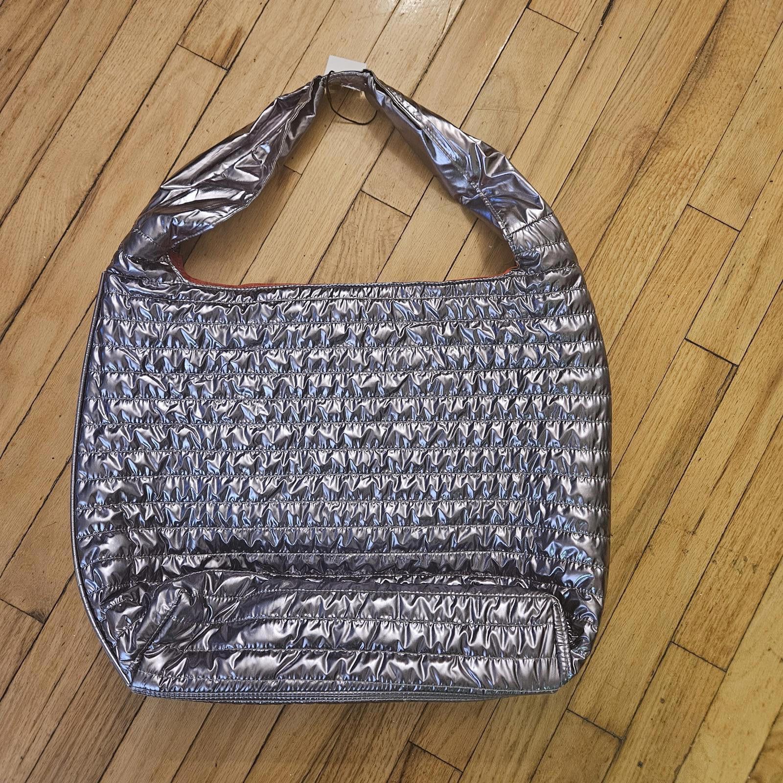 Designer Tahari Metallic Silver Handbag with Vibrant Red Interior Size ONE SIZE - 4 Thumbnail