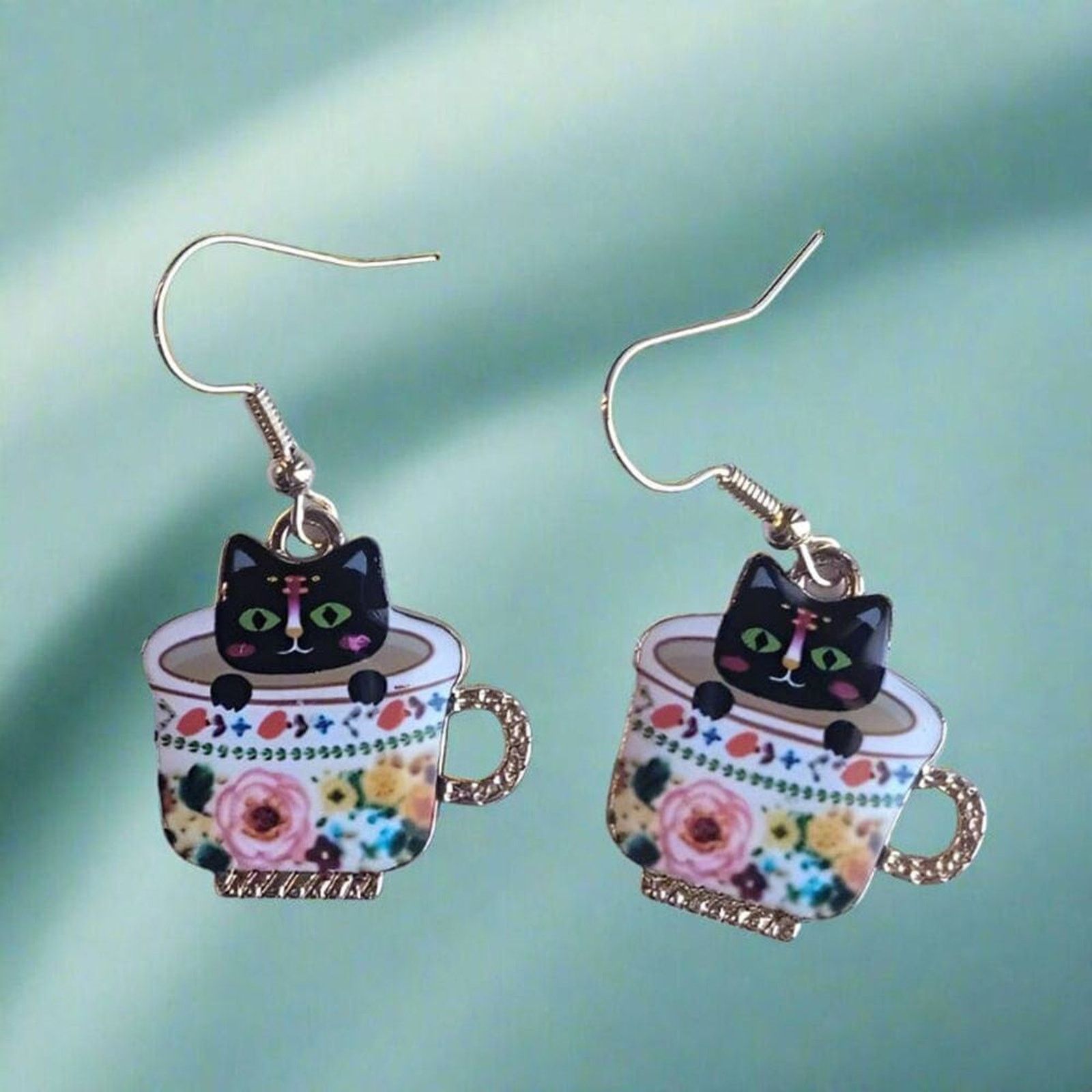 Other Black Cat Teacup Earrings Floral Handmade Earrings Gift Size ONE SIZE - 1 Thumbnail