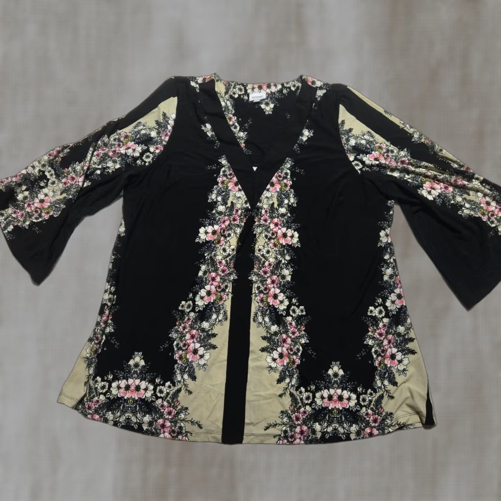 Avenue Avenue Shirt Womens 22/24 Floral Black Multicolor 3/4 Sleeve V-Neck Polyester Blouse Top Ladies Size 3XL / US 20-22 - 1 Thumbnail