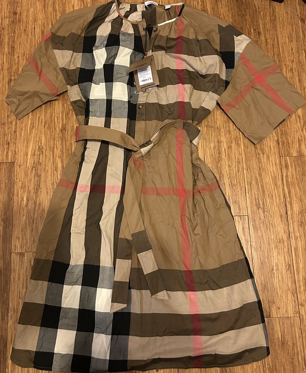 Burberry Burberry Round Neck Taupe Brown IP Check Cotton Belted Dress Size S / US 4 / IT 40 - 1 Thumbnail