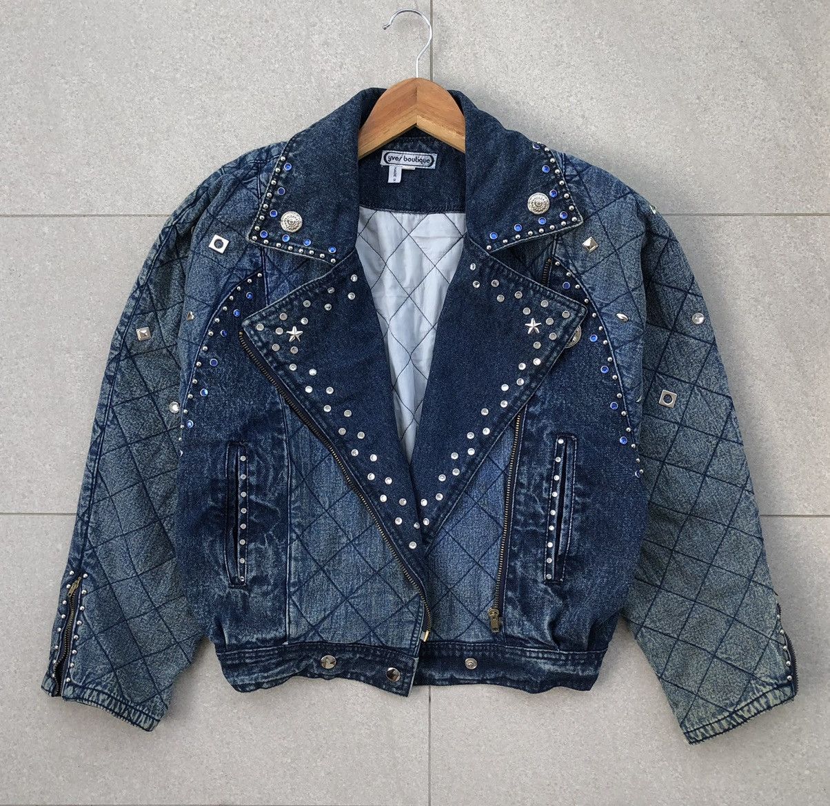 Vintage YVES BOUTIQUE Double Collar Biker Cropped Quilted Jacket Size M / US 6-8 / IT 42-44 - 1 Thumbnail