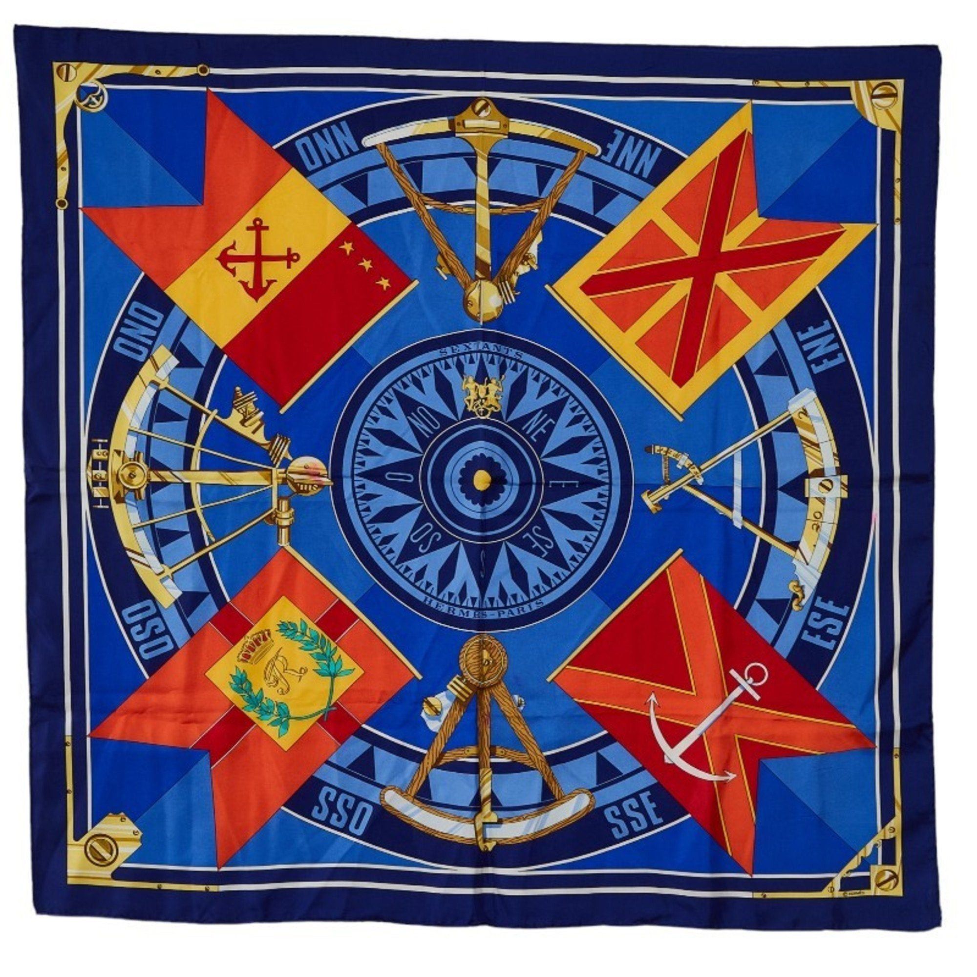 image of Hermes Carre 90 Sextants Scarf Muffler Blue Multicolor Silk Women's