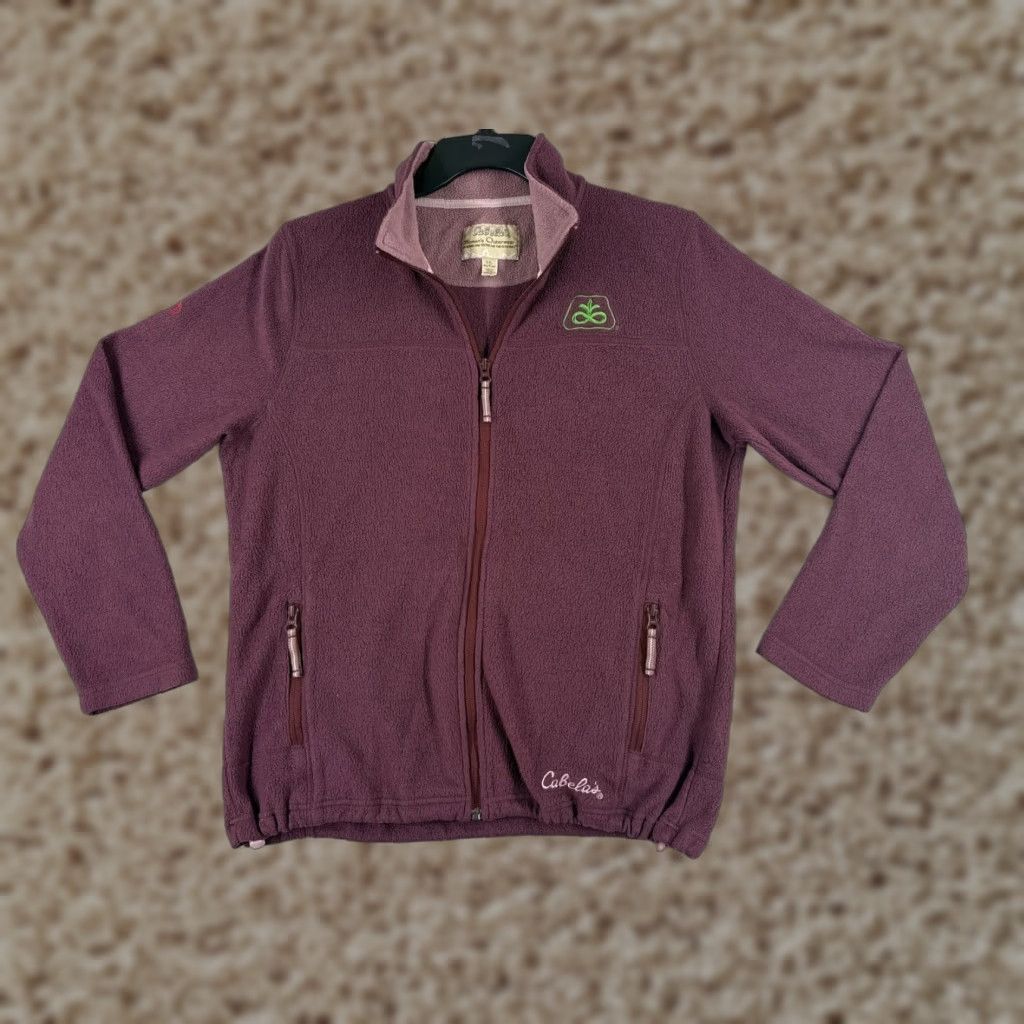 Vintage Cabela's Women's Jacket L Red Full Zip Fleece Polyester Mock Neck All Seasons Casual Logo Zipper Solid Womens Size L / US 10 / IT 46 - 1 Thumbnail