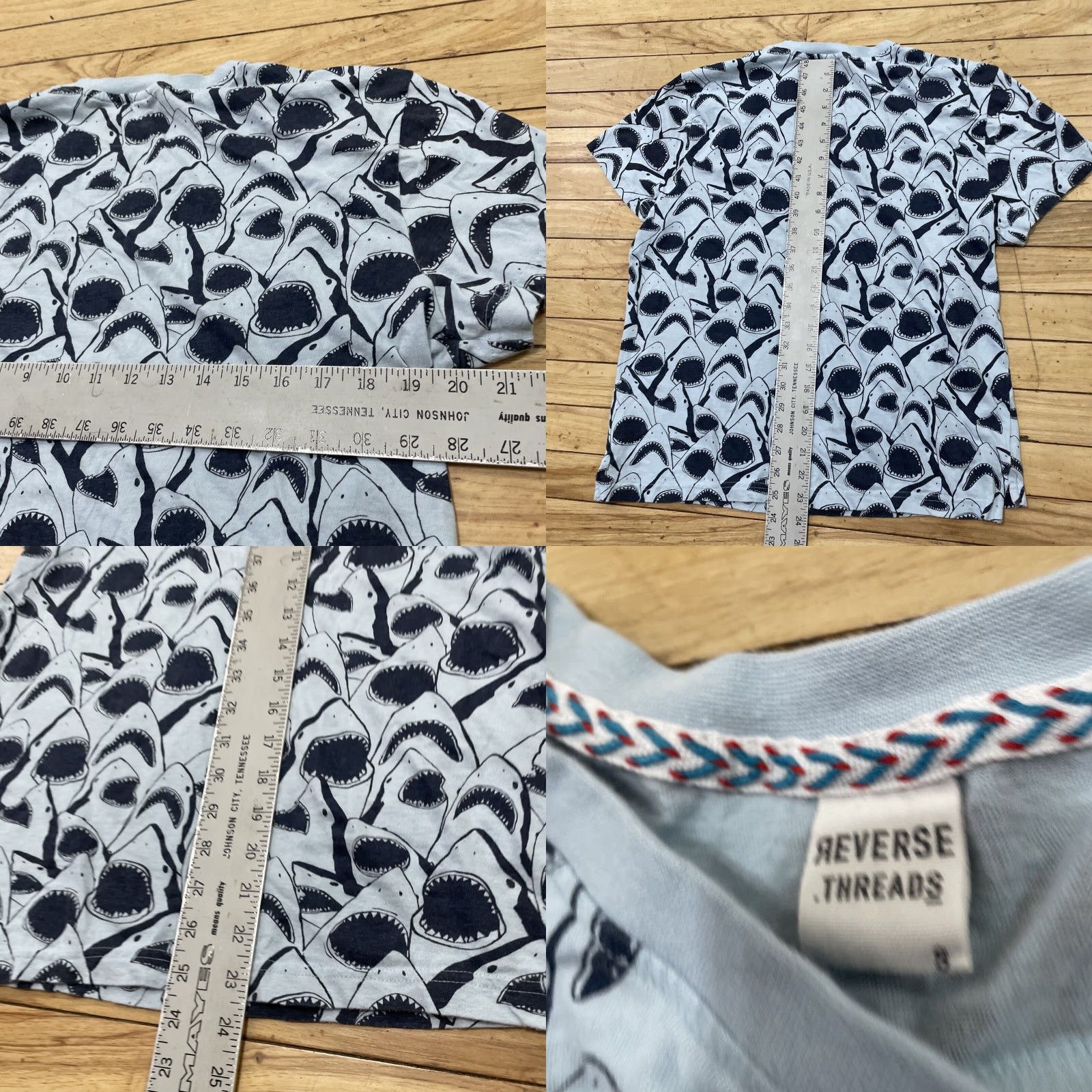 Vintage REVERSE THREADS Shirt Adult S Shark Print AOP Shark Crop Tee Blue (S Fits M) 90s Sports y2k Shark Week Logo Reversible Men Size US S / EU 44-46 / 1 - 8 Thumbnail