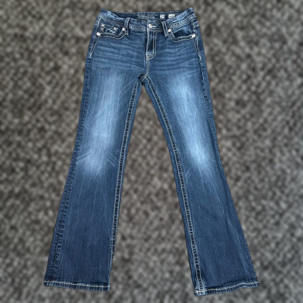 VINTAGE Miss Me Jeans Women 29 Mid Rise Curvy Boot Embroidered Flap Pockets Rodeo Y2K