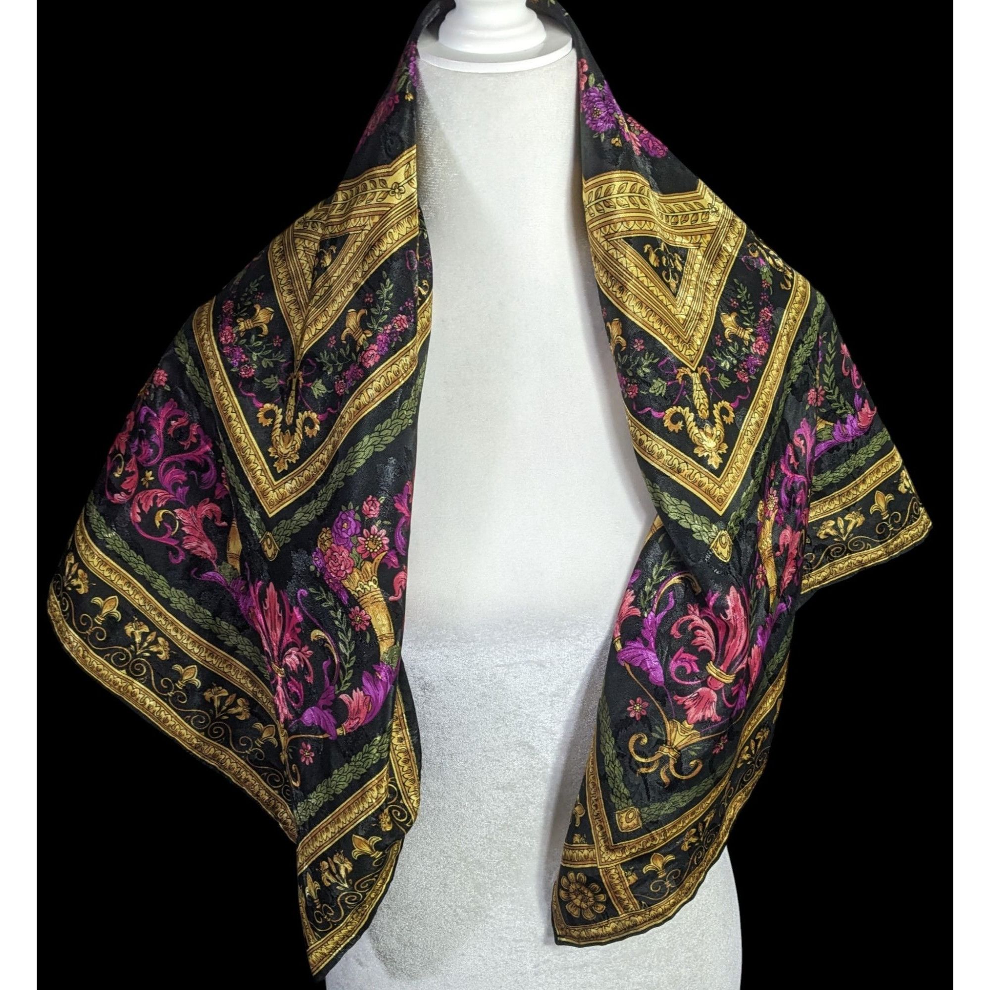 Other Vintage Floral Embossed Scarf 34"x34" Ornate Black Gold Pink Size ONE SIZE - 3 Thumbnail