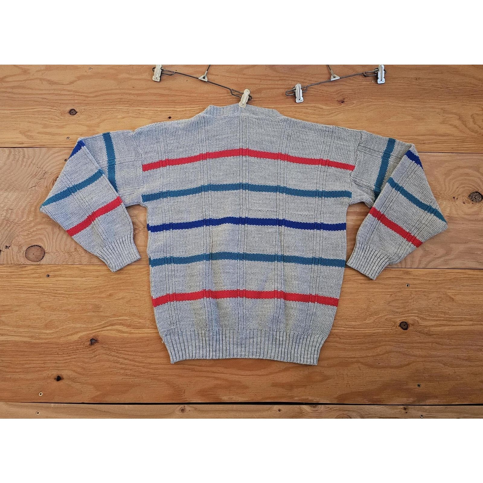 Other Striped Knit Sweater - 80s Gray Blue Red Pullover Sz L 1980s Size US L / EU 52-54 / 3 - 2 Thumbnail