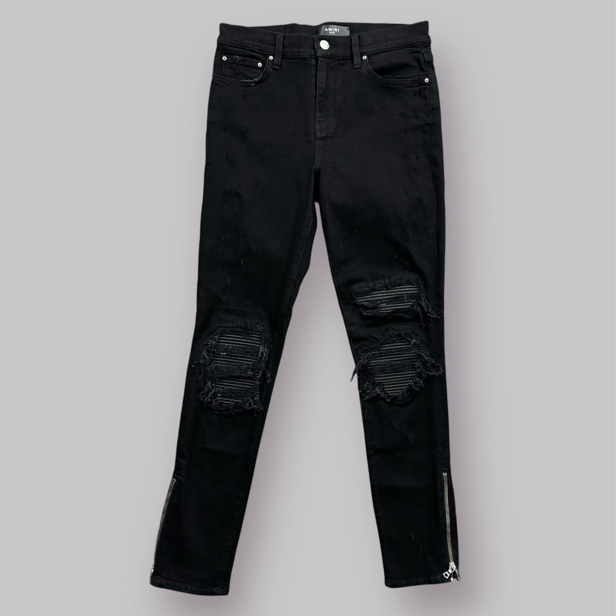 Amiri AMIRI Black MX1 Ripped Leather Patch Zipper Skinny Jeans Size 28" / US 6 / IT 42 - 1 Thumbnail