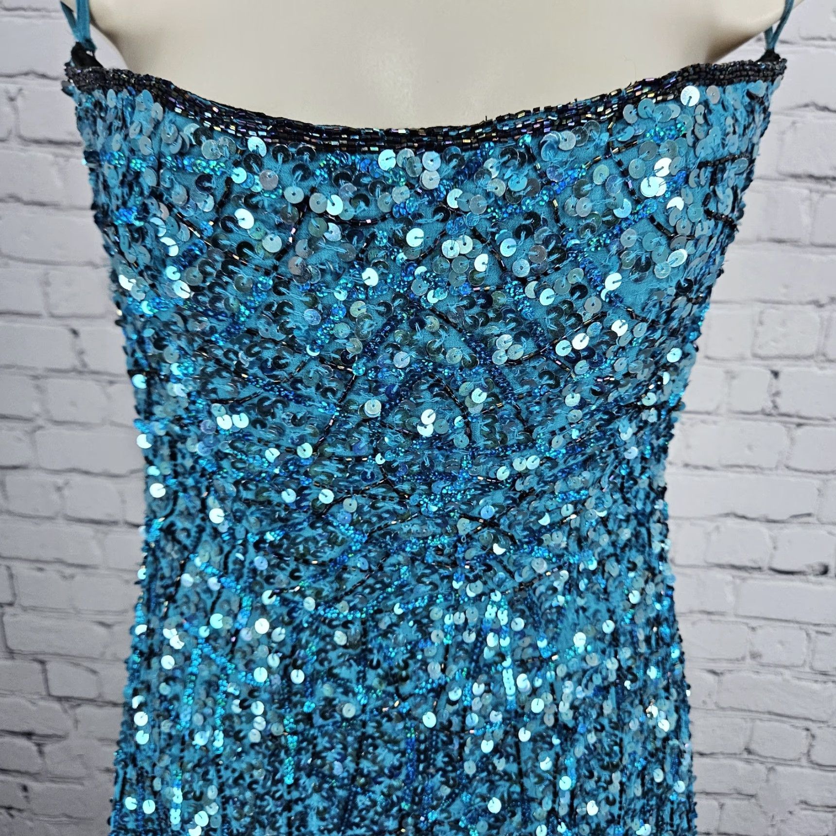 VINTAGE Precious Formals Blue 100% Silk Sequin Beaded Strapless Maxi Dress Small S Women Dress