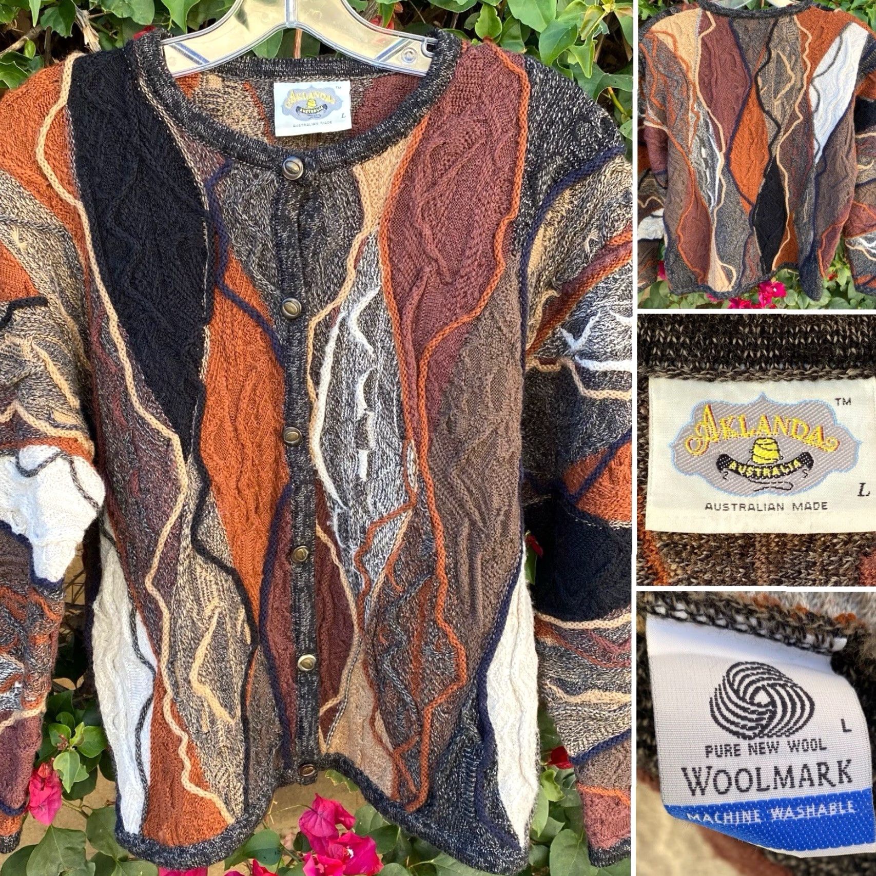 Vintage VINTAGE Aklända Australian Made Pure Wool Textured 3D Knit Cardigan Sweater L 90s Y2K Size L / US 10 / IT 46 - 6 Thumbnail