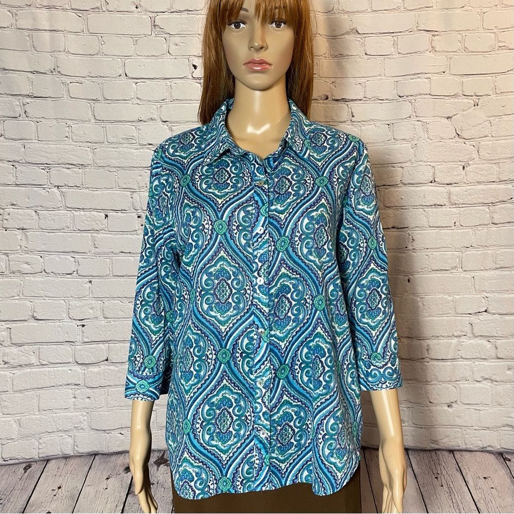 Chicos Chico's Blue Cotton 3/4 Sleeve Button Shirt Size 2 US L Size L / US 10 / IT 46 - 1 Thumbnail