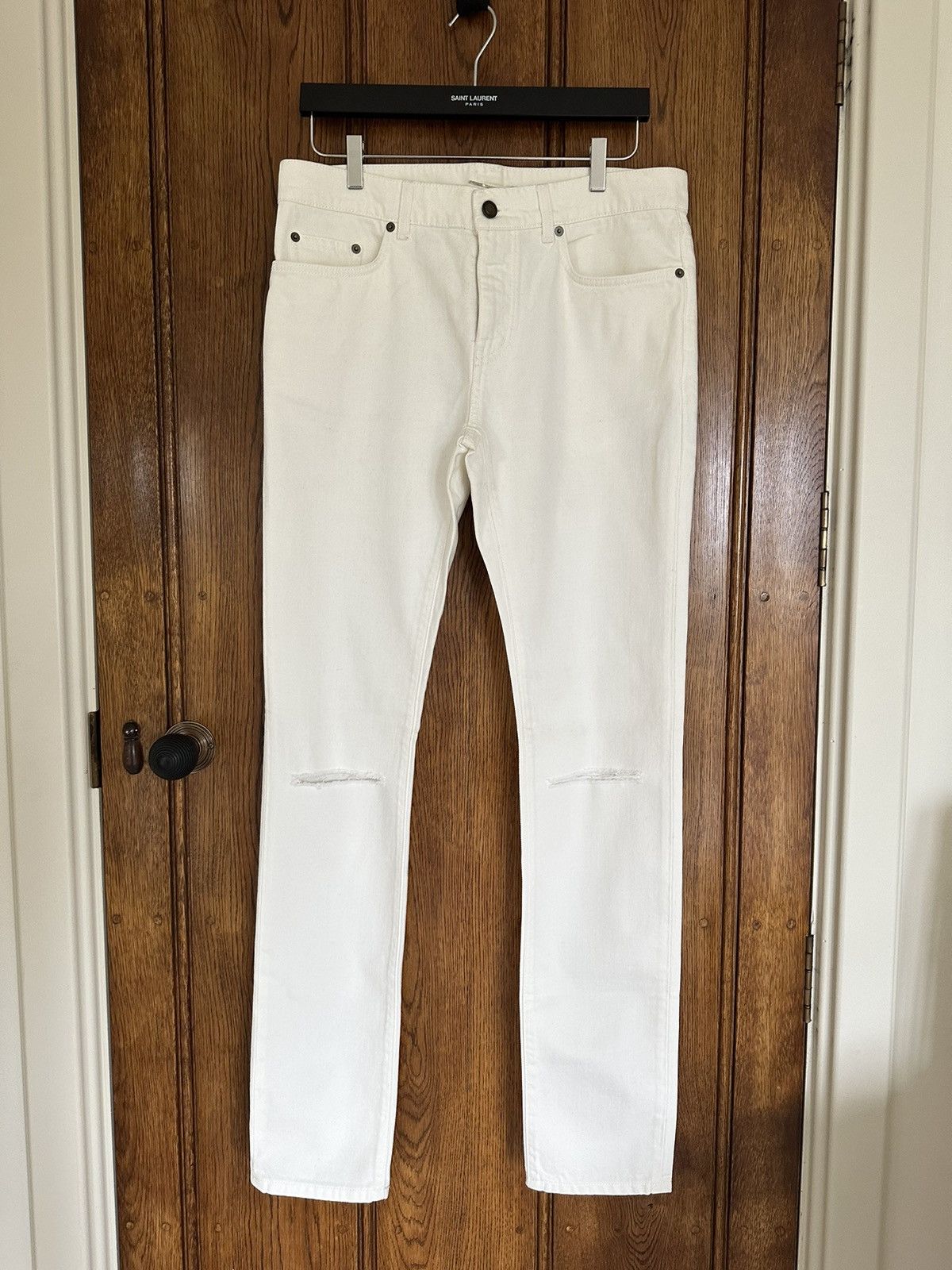 image of Saint Laurent Paris Fw16 Saint Laurent Knee Slit Ripped White Jeans Hedi Slimane, Men's (Size 32)