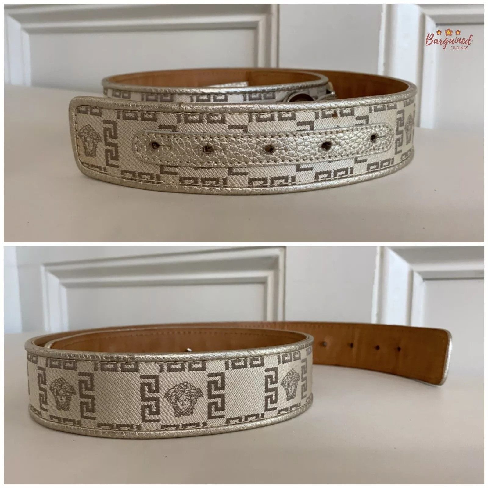 Versace Versace Metallic Leather Neutrals Nylon Medusa Insignia Belt Size 30 - 4 Thumbnail